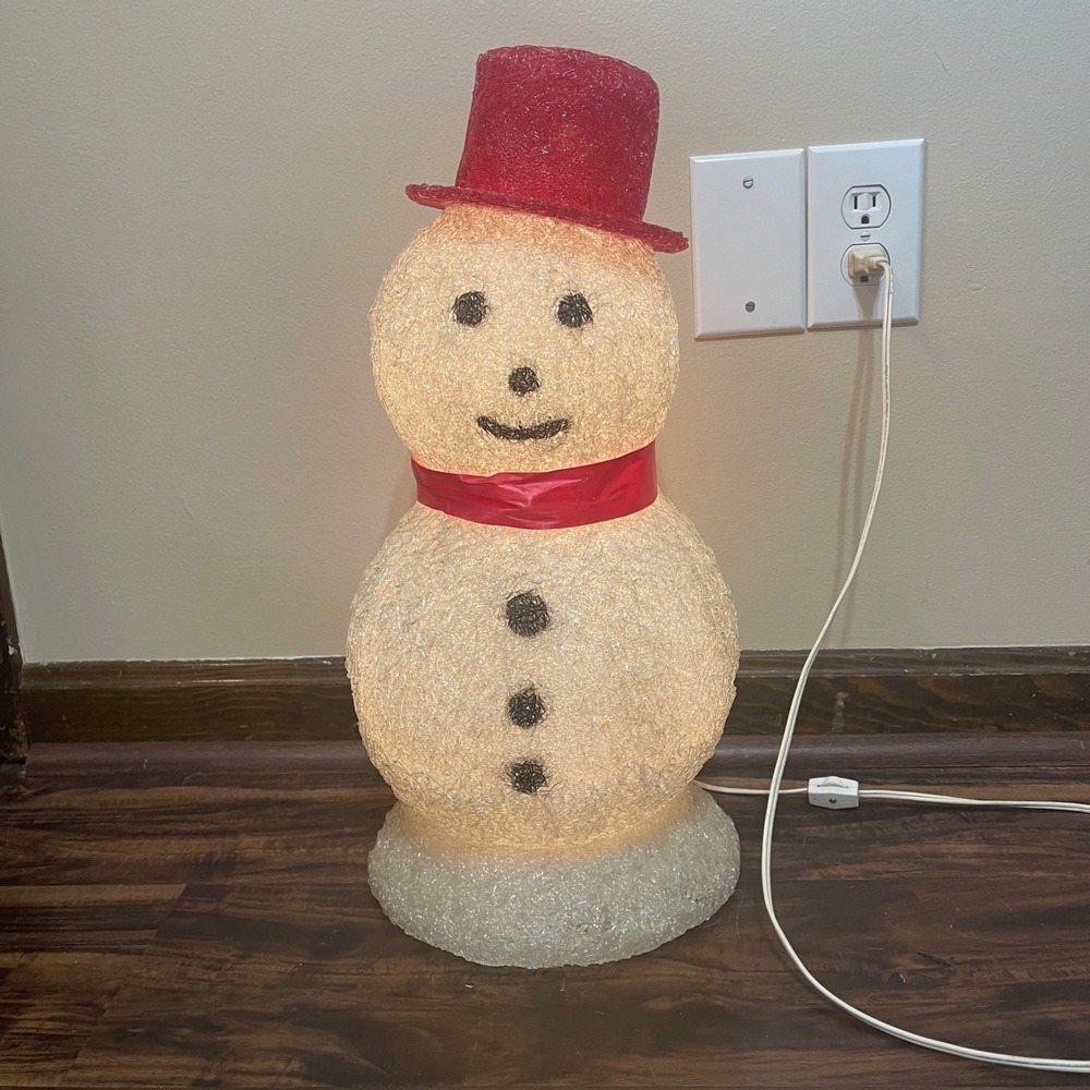 Vintage Spun Lucite Spaghetti String Snowman Lighted Christmas Decor Red Hat